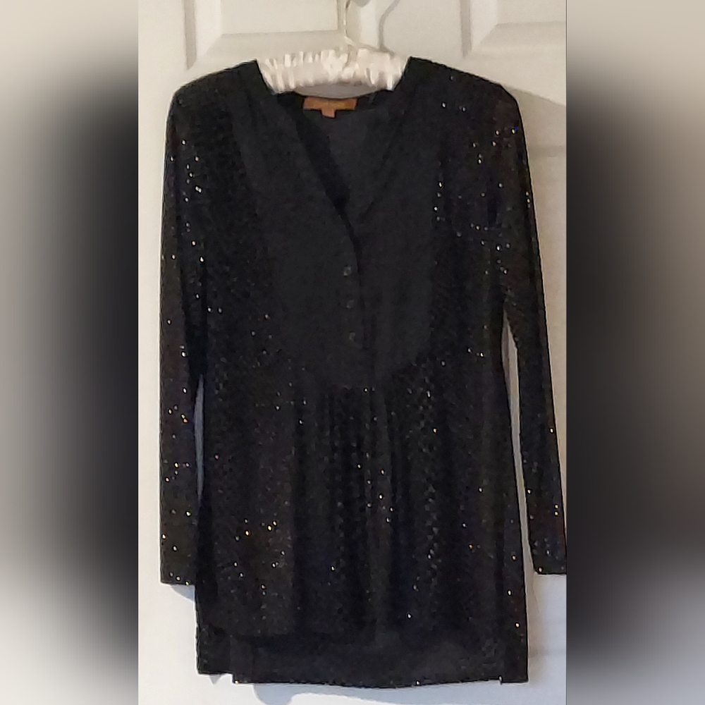 Ellen Tracy XS stretchy long sleeve black velvet, satin, gold sparkling blouse
